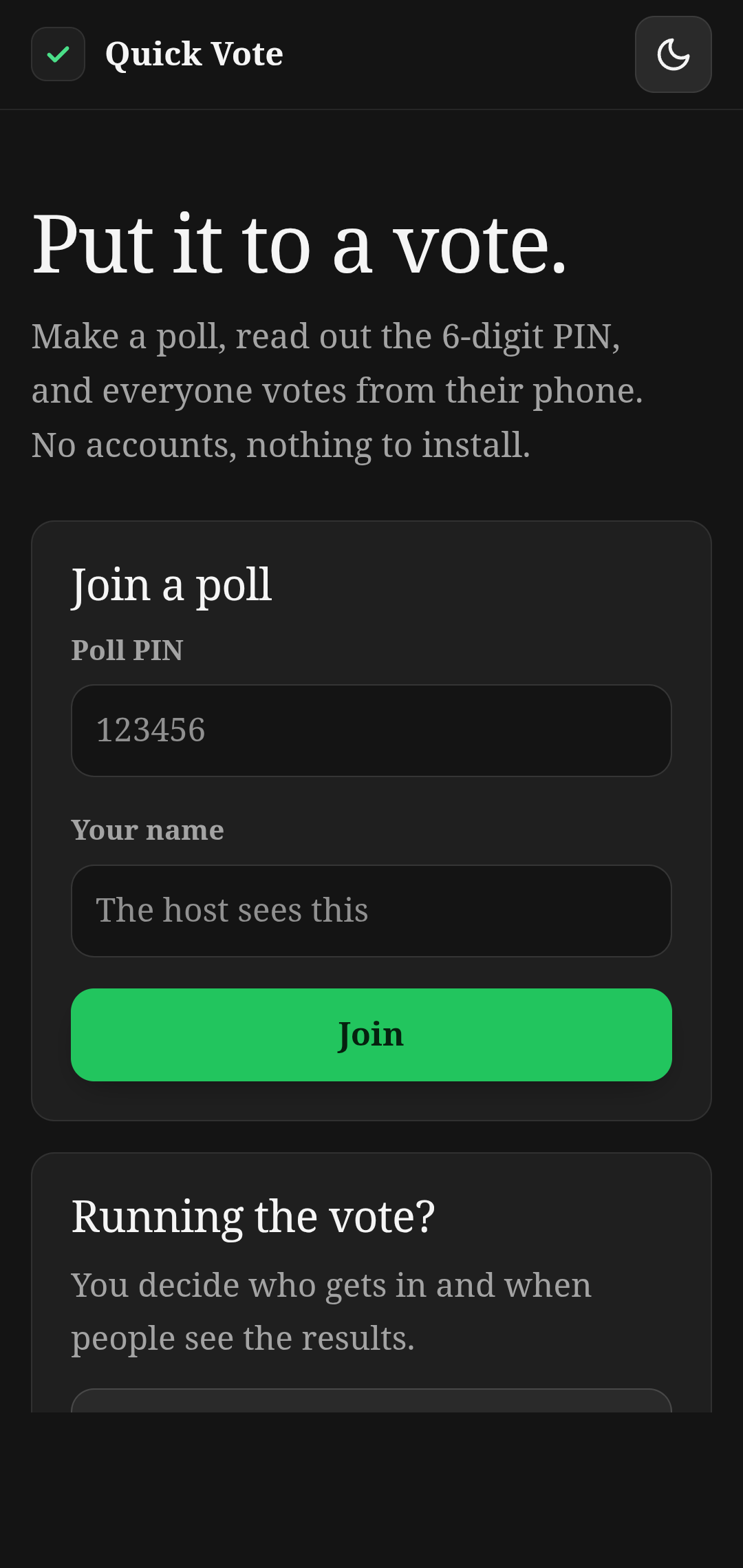 Quick Vote home screen